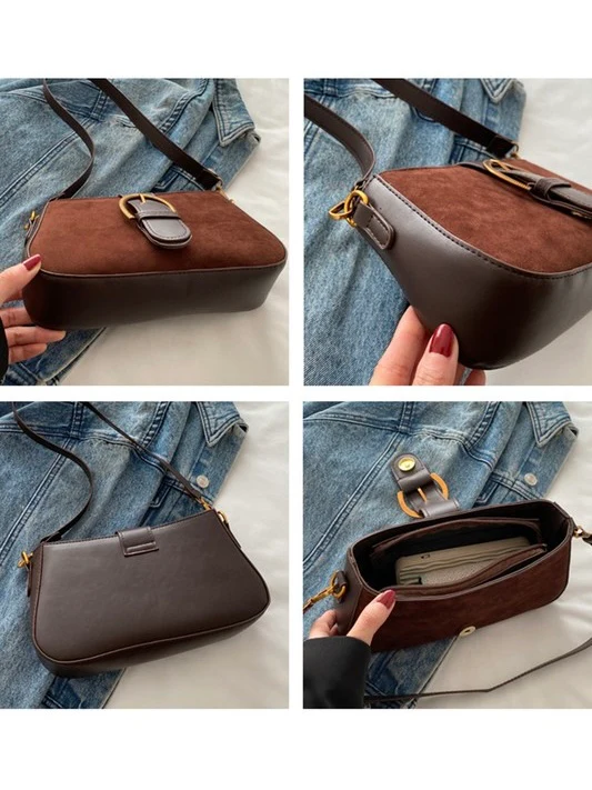 Circle Buckle Suede Square Shoulder Bag - Image 2