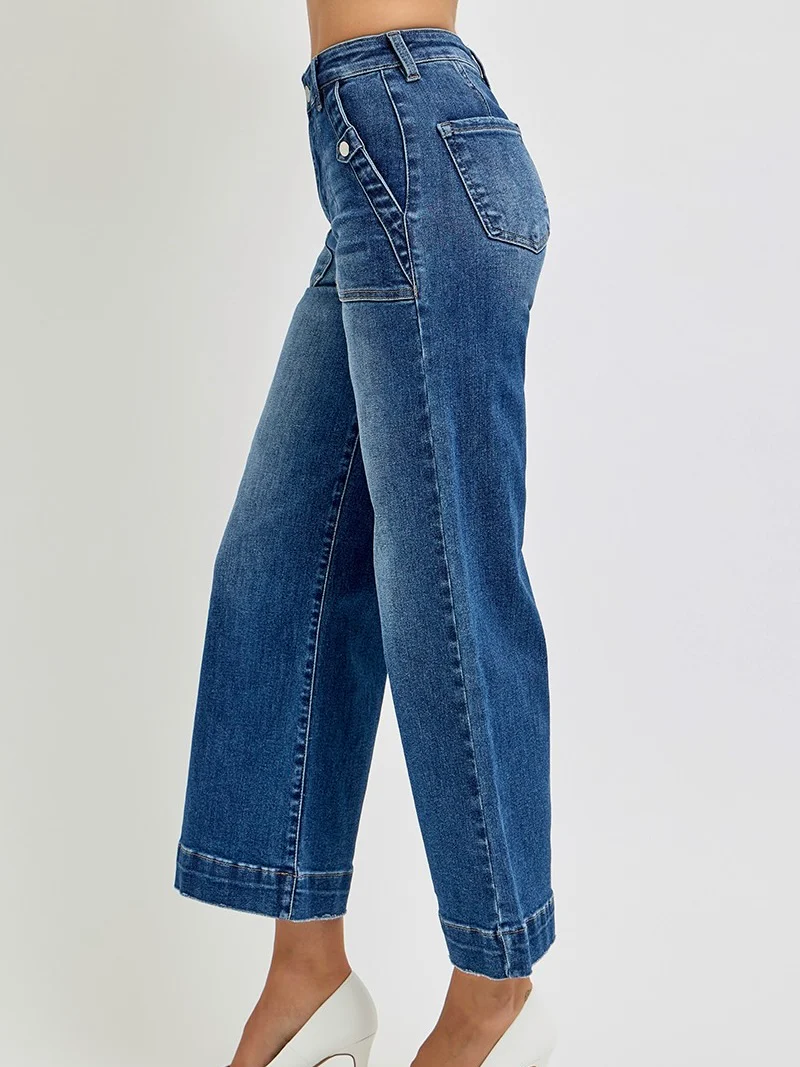 High Rise Ankle Wide Leg Patch Pocket Detail Jeans - Image 3