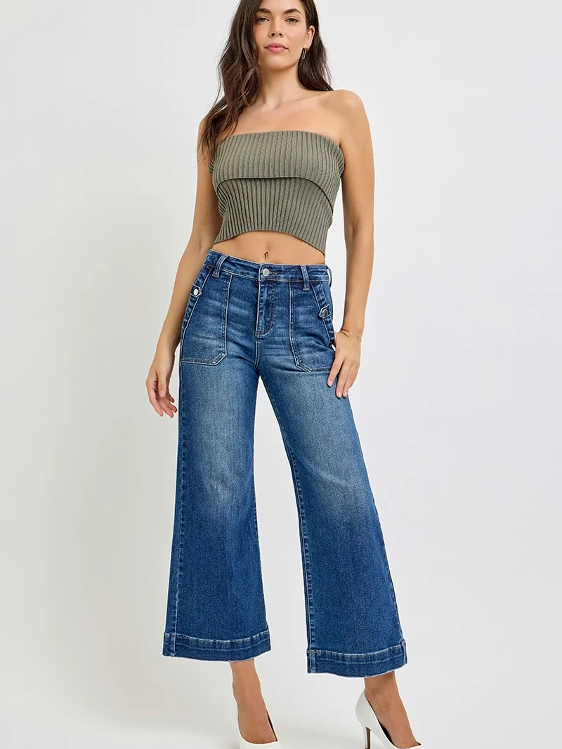 High Rise Ankle Wide Leg Patch Pocket Detail Jeans - Image 4