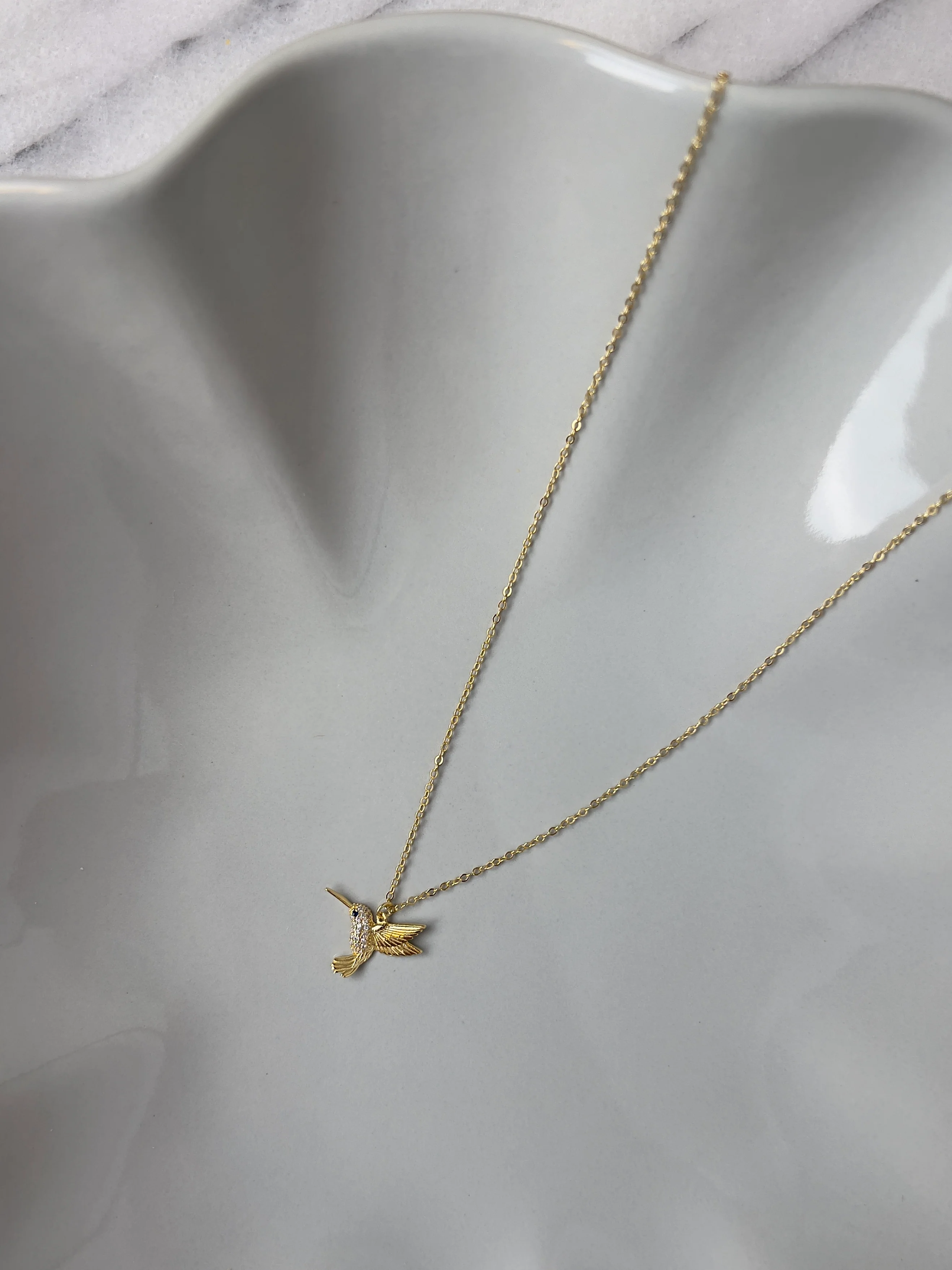 Hummingbird of Light Necklace – Pavé CZ Hummingbird Pendant in 14K Gold Plated Sterling Silver