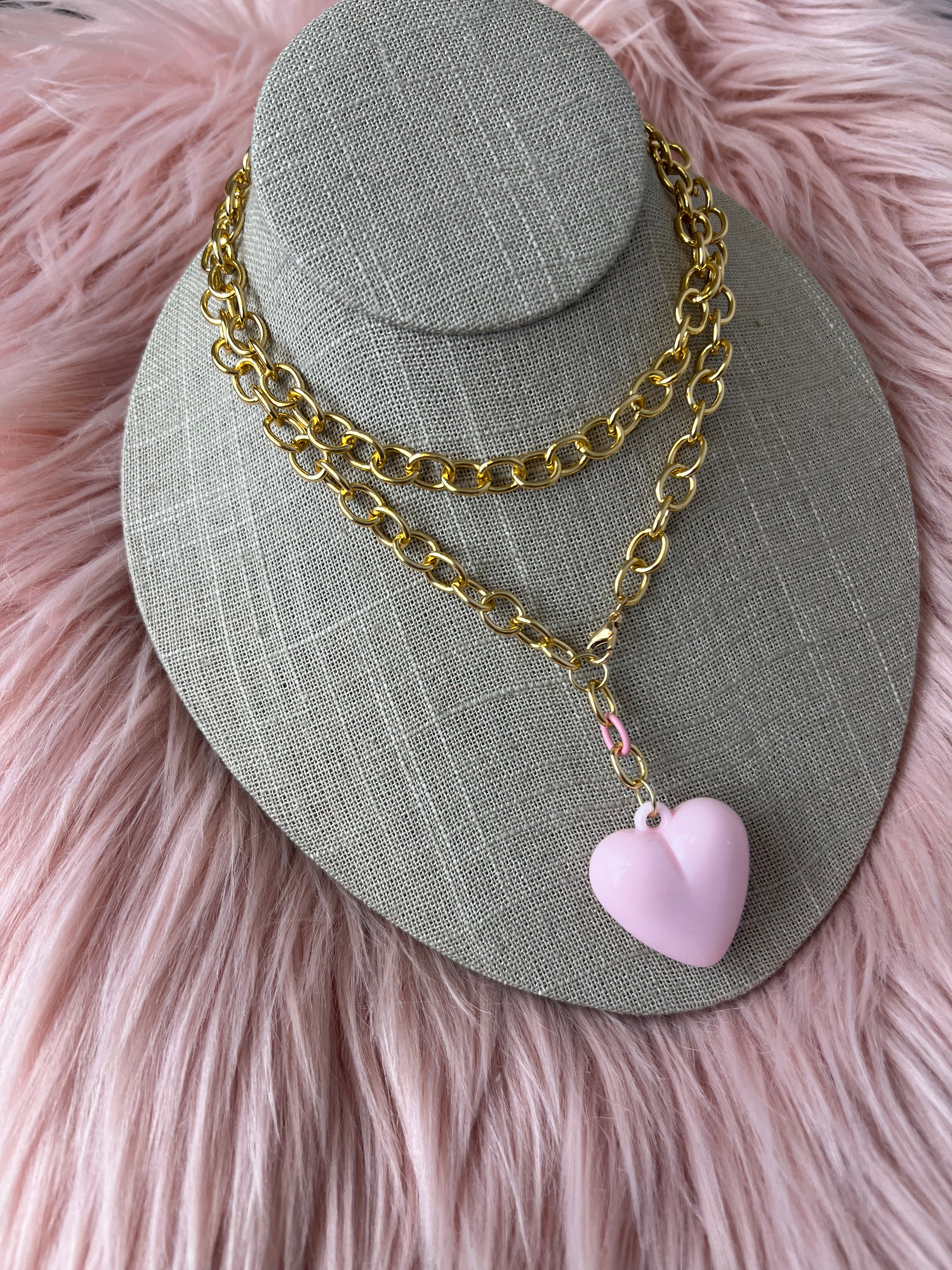 Poppy Pink Long Chunky Heart Necklace - Image 2
