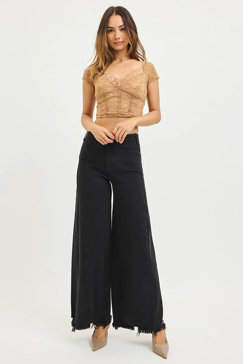 RISEN BLACK TUMMY CONTROL HIGH RISE PALAZZO LEG WITH FRAYED HEM JEAN