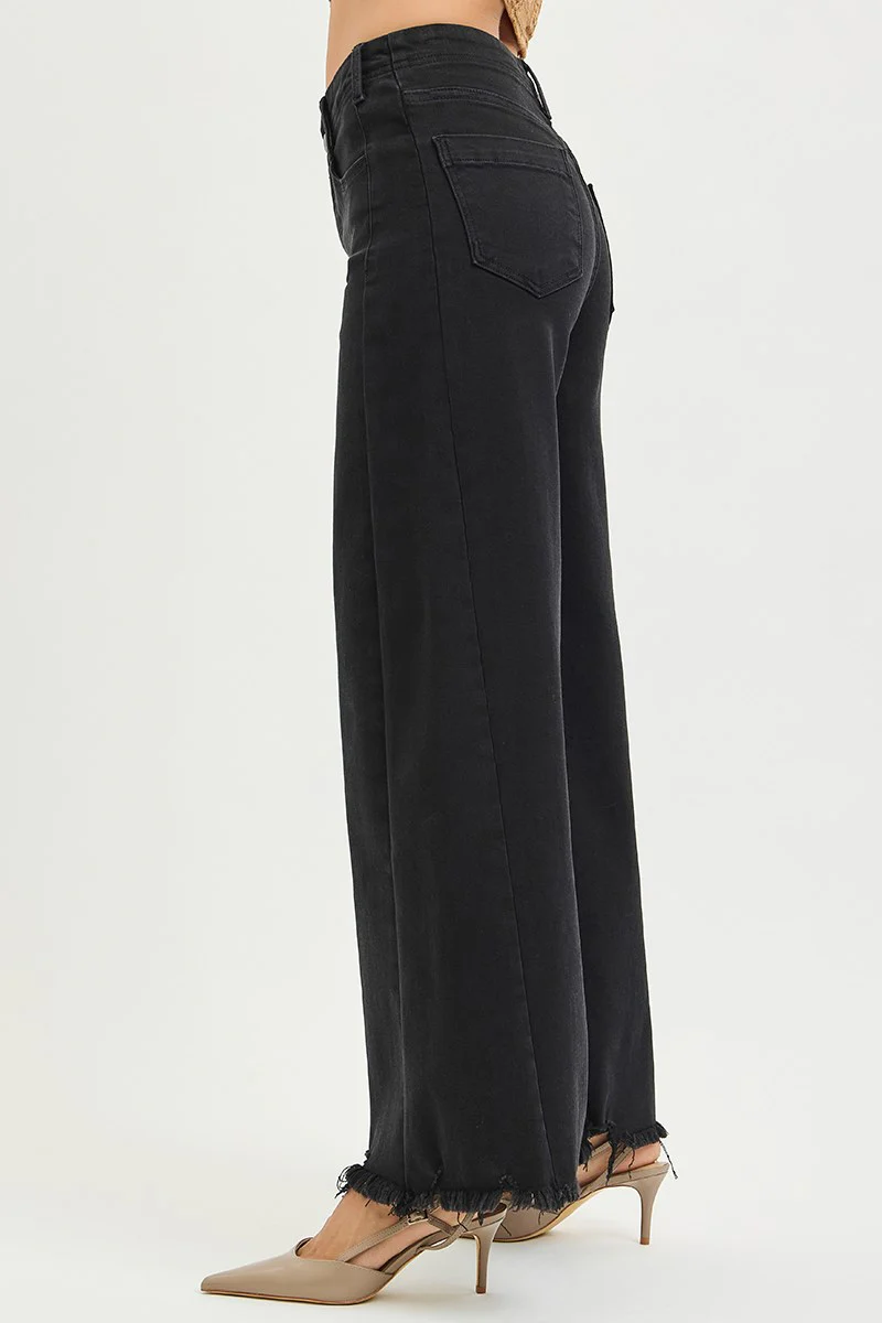 RISEN BLACK TUMMY CONTROL HIGH RISE PALAZZO LEG WITH FRAYED HEM JEAN - Image 2