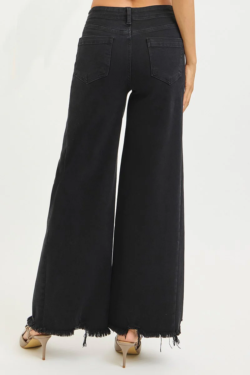RISEN BLACK TUMMY CONTROL HIGH RISE PALAZZO LEG WITH FRAYED HEM JEAN - Image 3