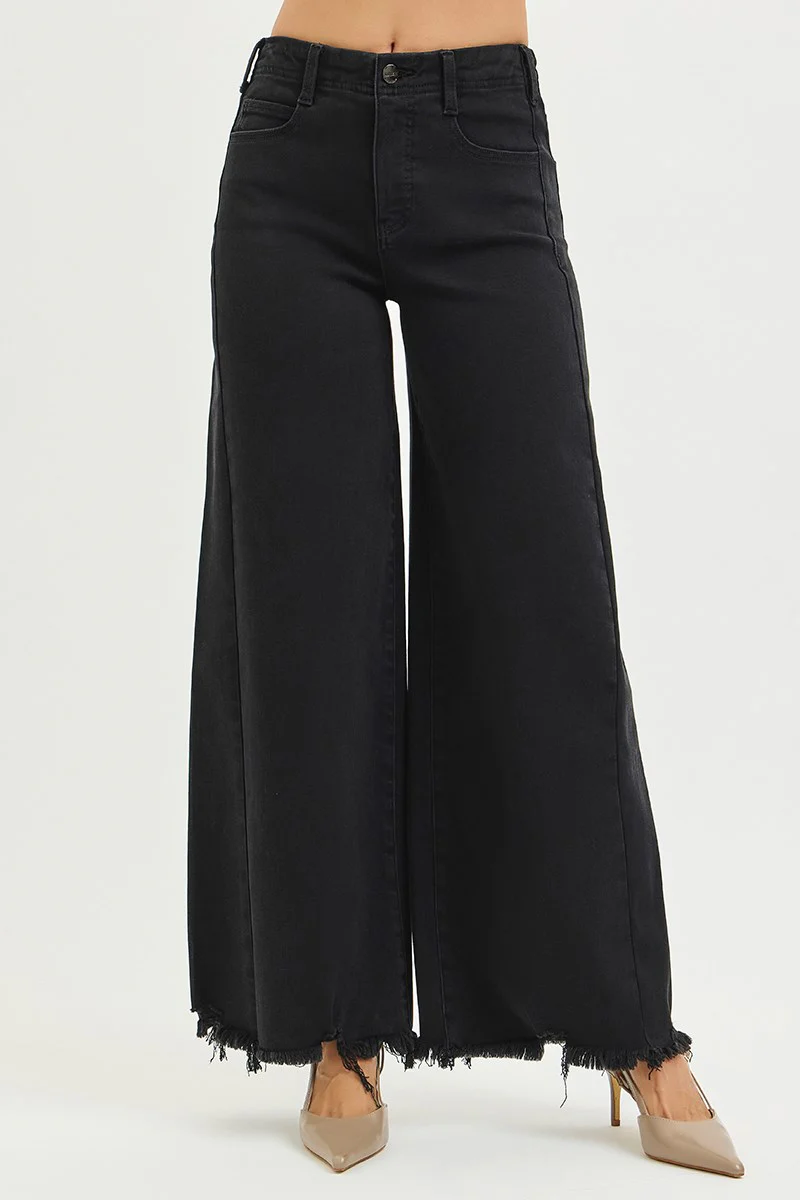RISEN BLACK TUMMY CONTROL HIGH RISE PALAZZO LEG WITH FRAYED HEM JEAN - Image 4