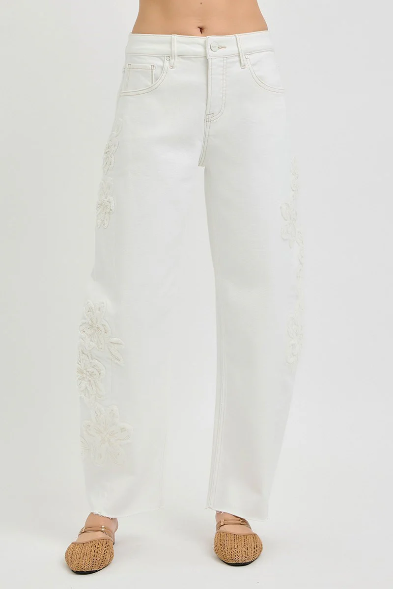 RISEN Tummy Control Slouchy Barrel Fit Pants – Cream with Floral Embroidery - Image 3