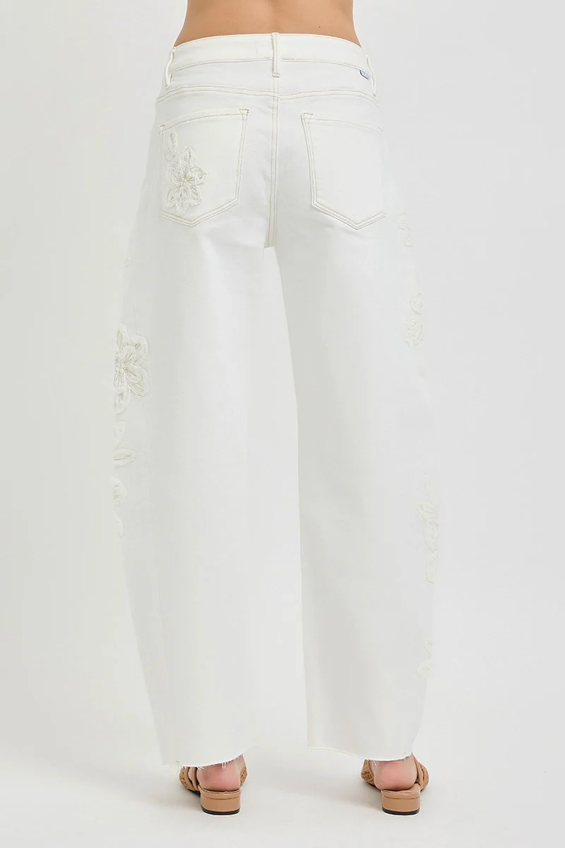RISEN Tummy Control Slouchy Barrel Fit Pants – Cream with Floral Embroidery - Image 4