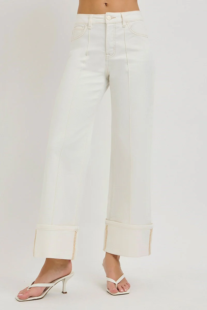 Risen Tummy Control High Rise Crop Wide Leg Denim – Cream - Image 2