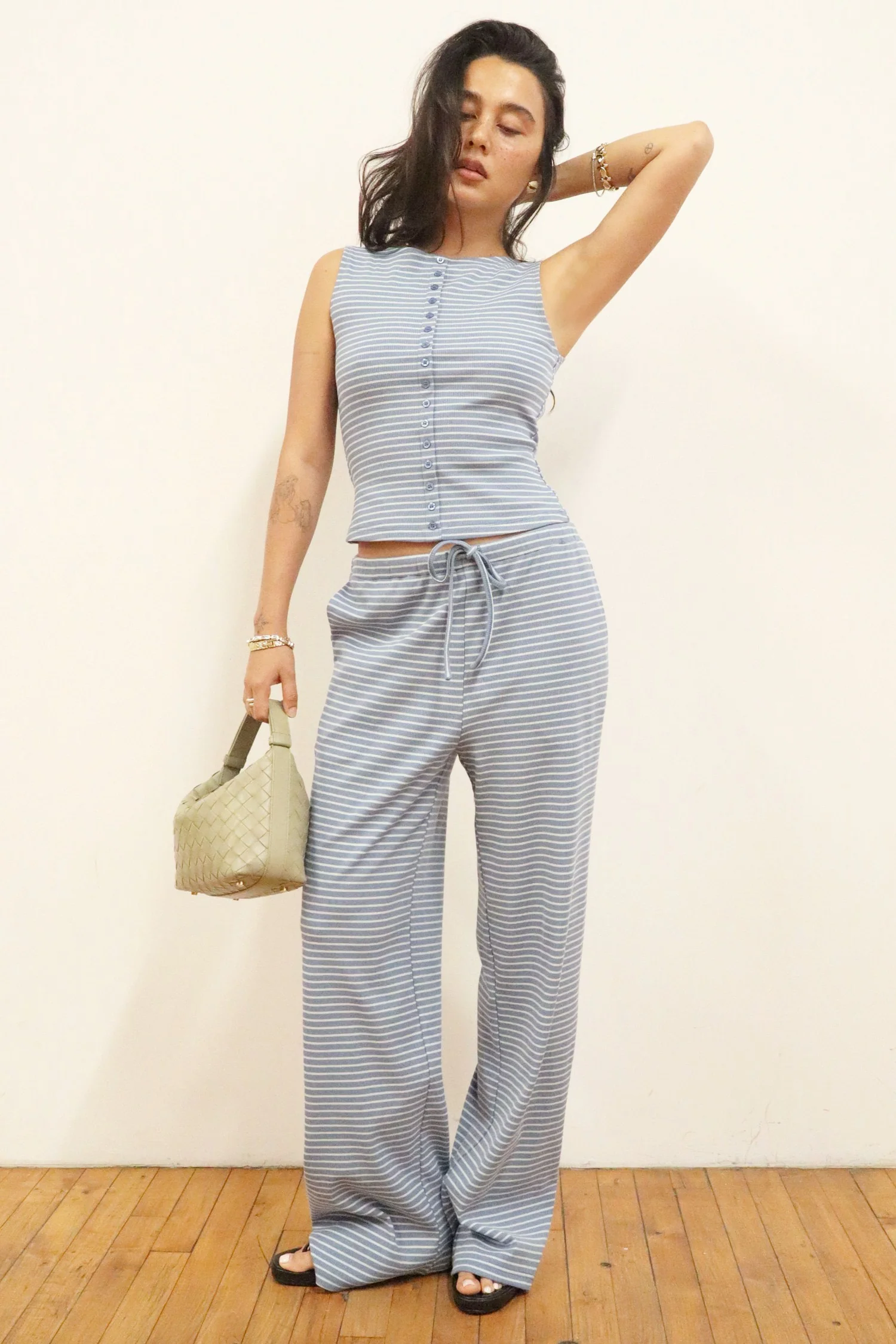 The Dylan Dusty Blue Stripe Knit  Wide Leg Pant - Image 3