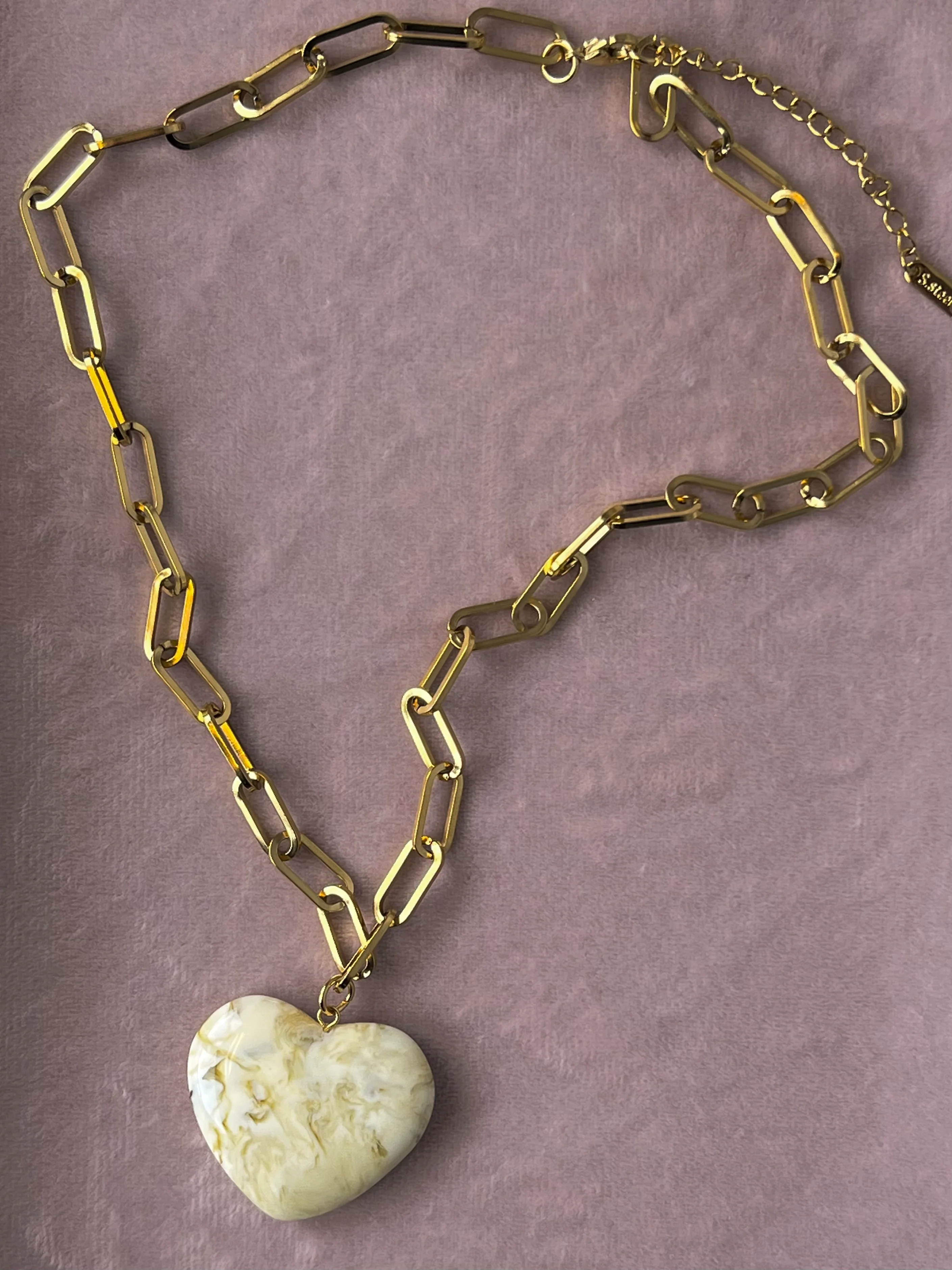 The Melissa Marbled Cream Resin Puff Heart Necklace – Water & Tarnish Resistant - Image 2