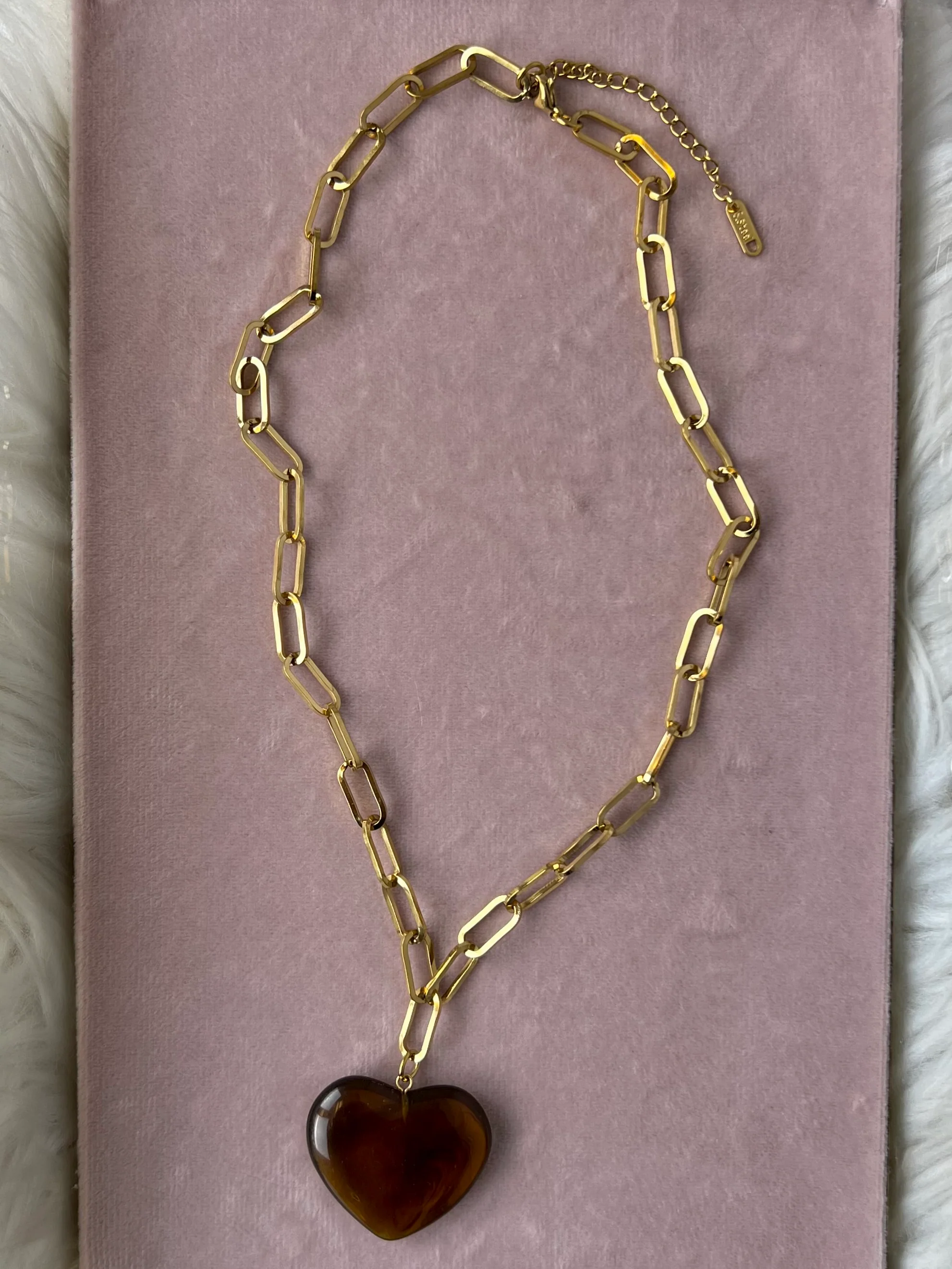 The Melissa Marbled Brown Lucite Puff Heart Necklace – Water & Tarnish Resistan