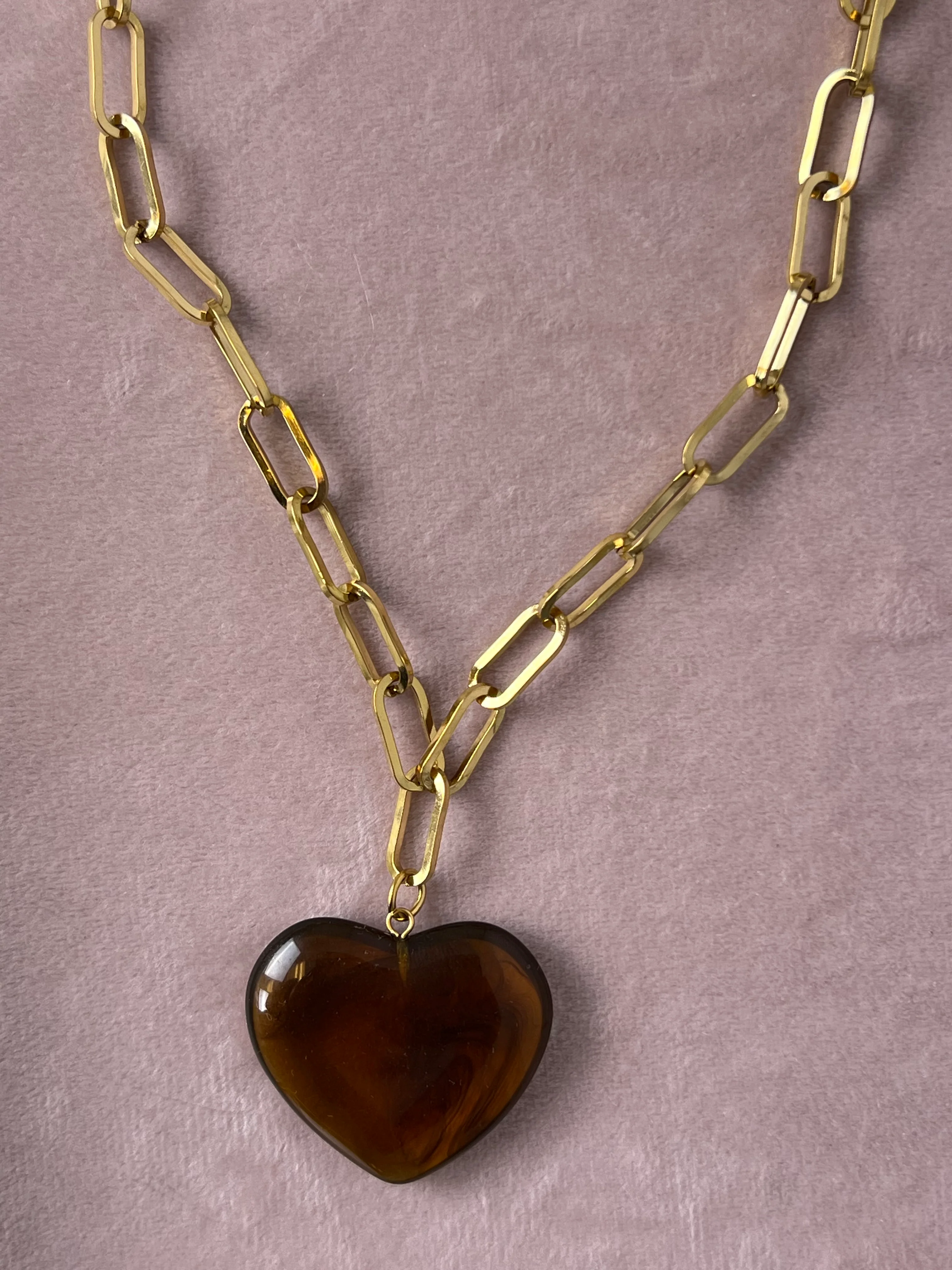 The Melissa Marbled Brown Lucite Puff Heart Necklace – Water & Tarnish Resistan - Image 2