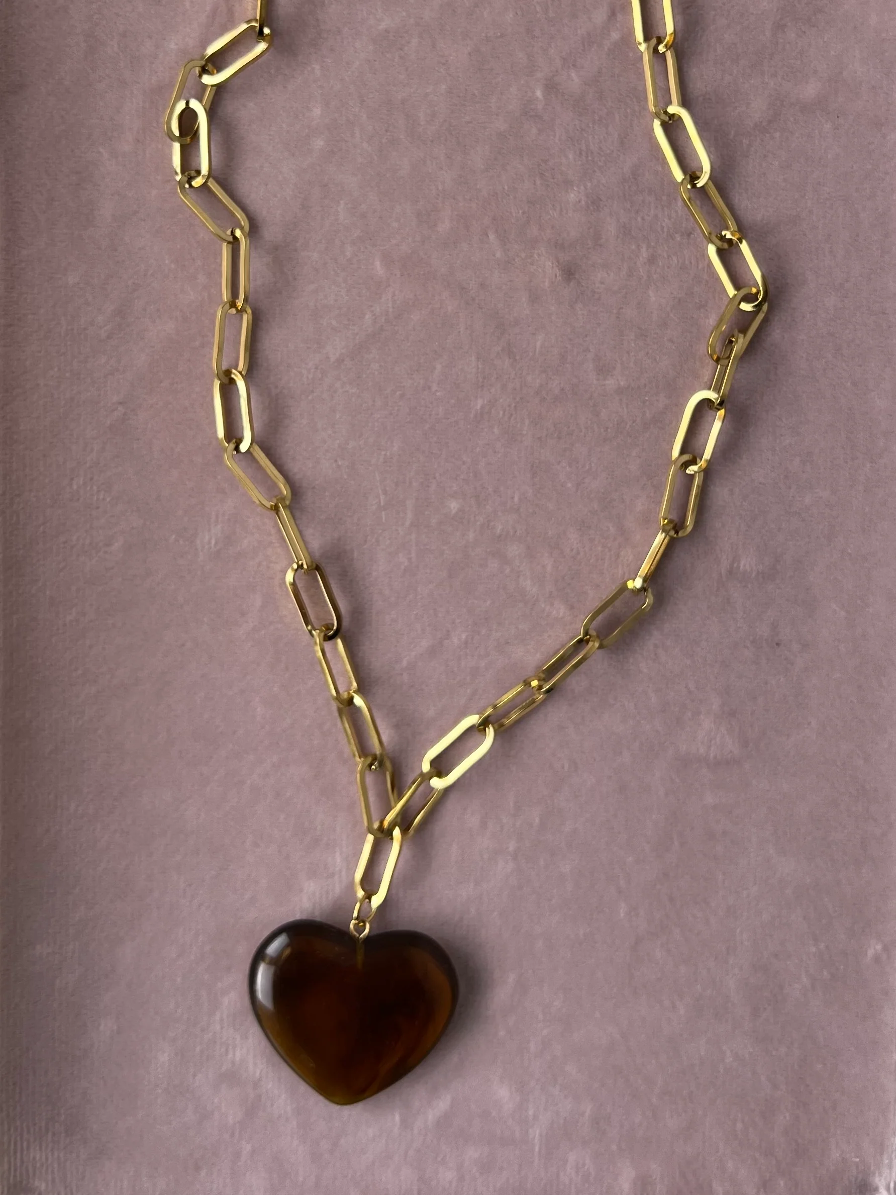 The Melissa Marbled Brown Lucite Puff Heart Necklace – Water & Tarnish Resistan - Image 3