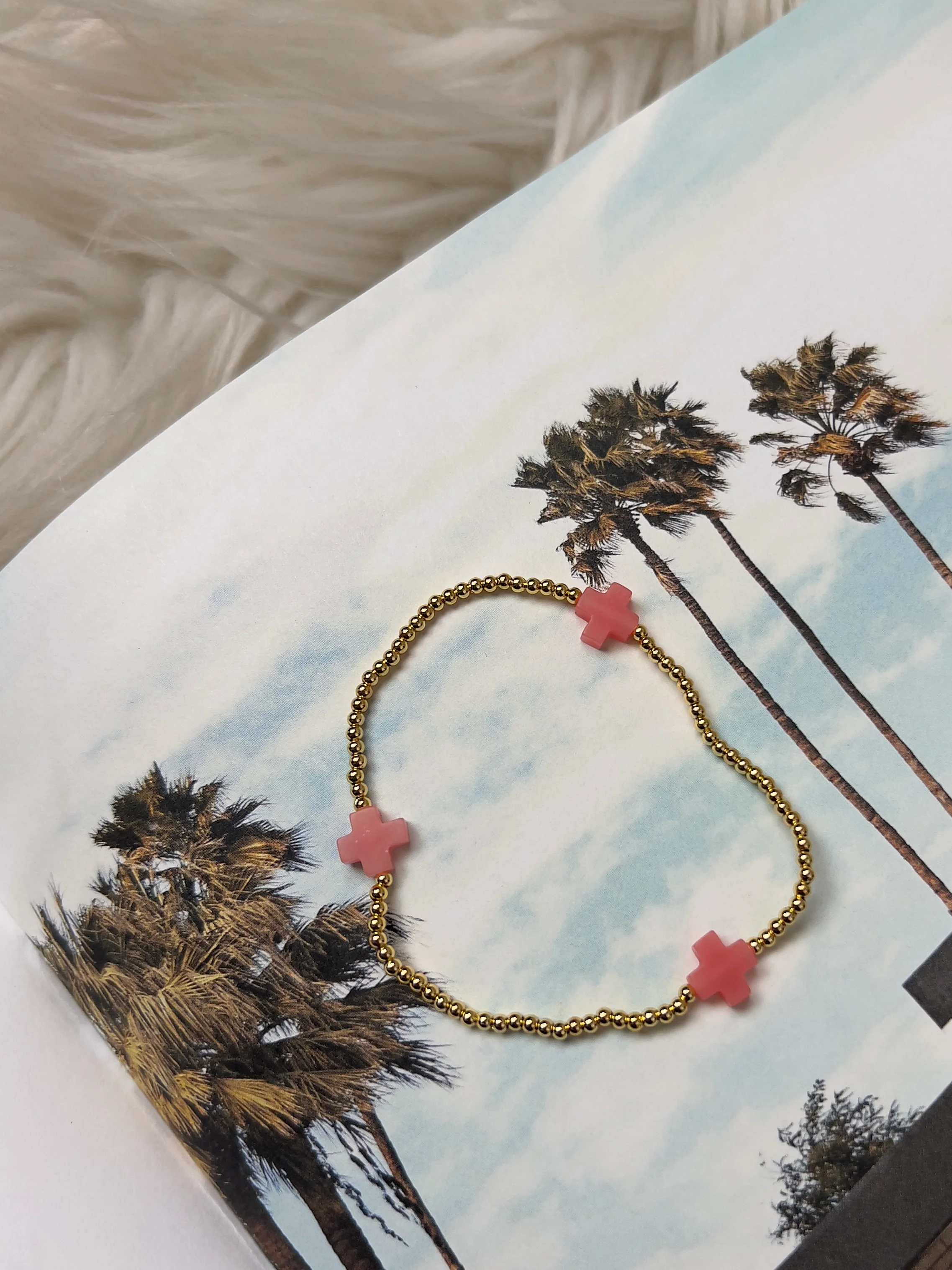 Venice Blush — Gold Bead Bracelet with Pink Crosses