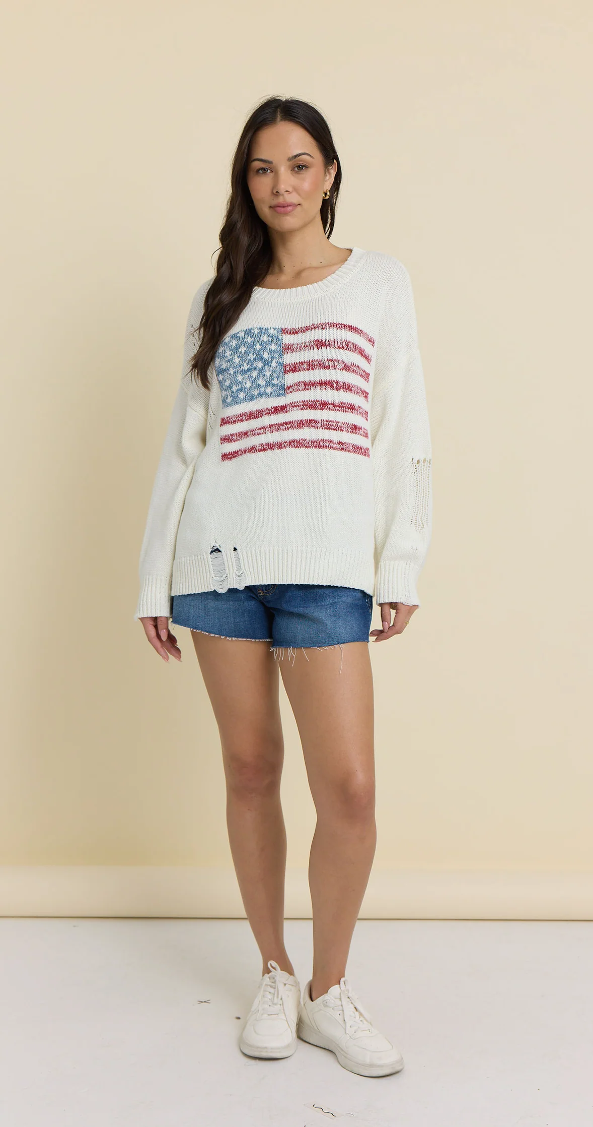 Vintage Havana Ivory American Flag Distressed Sweater