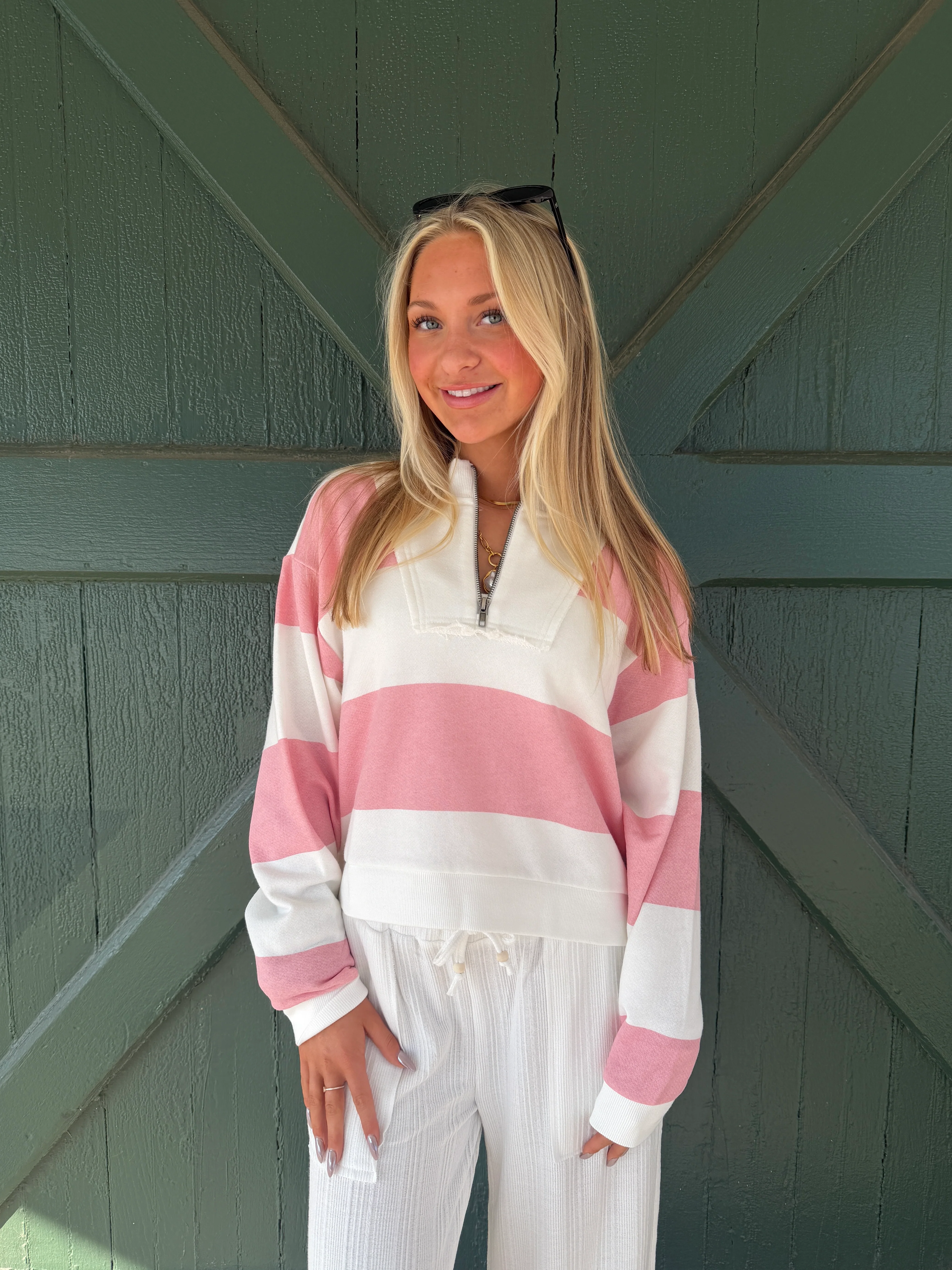 Vintage Havana Sorbet Pink Striped French Terry Half Zip - Image 3
