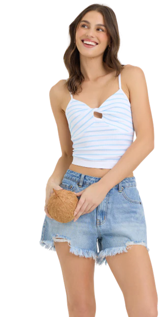 Vintage Havana White Seamless Crop Top – Blue Stripes, Twist Front, One Size